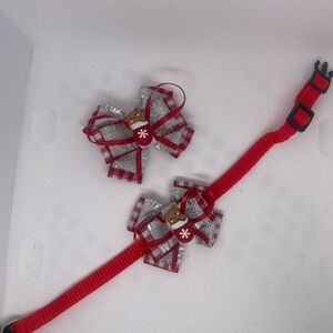 Red & white dogbow collar matching hair bow for owner use on your stuffed animal